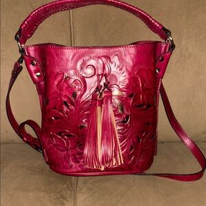 Patricia Nash Red Leather Shoulder Bag with Embossed Floral Design